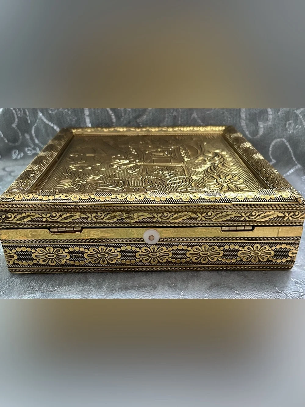 NWT Crafted in India, Gold-Tone Decorative Wooden Keepsake/Storage Box